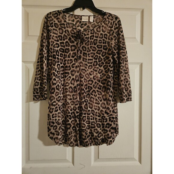 Chico's Animal Print Tunic Shirt Size 1  Tie  Front Leopard 3/4 Sleeve Cheetah - Picture 1 of 4